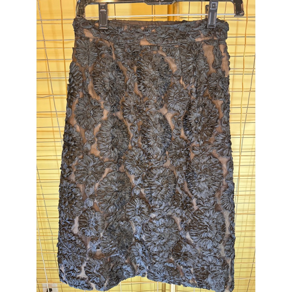 Vintage 90s Y2K Black Floral Applique Ribbon Lace‎ Pencil Skirt Modern Size 4